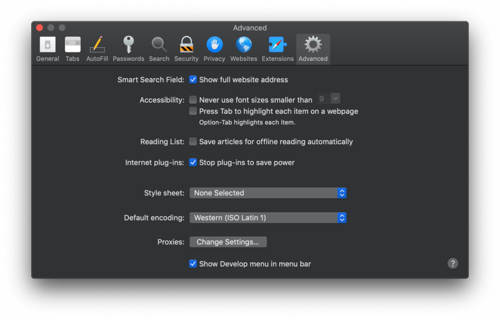 Develop Menu for Inspect Element in Safari for Mac