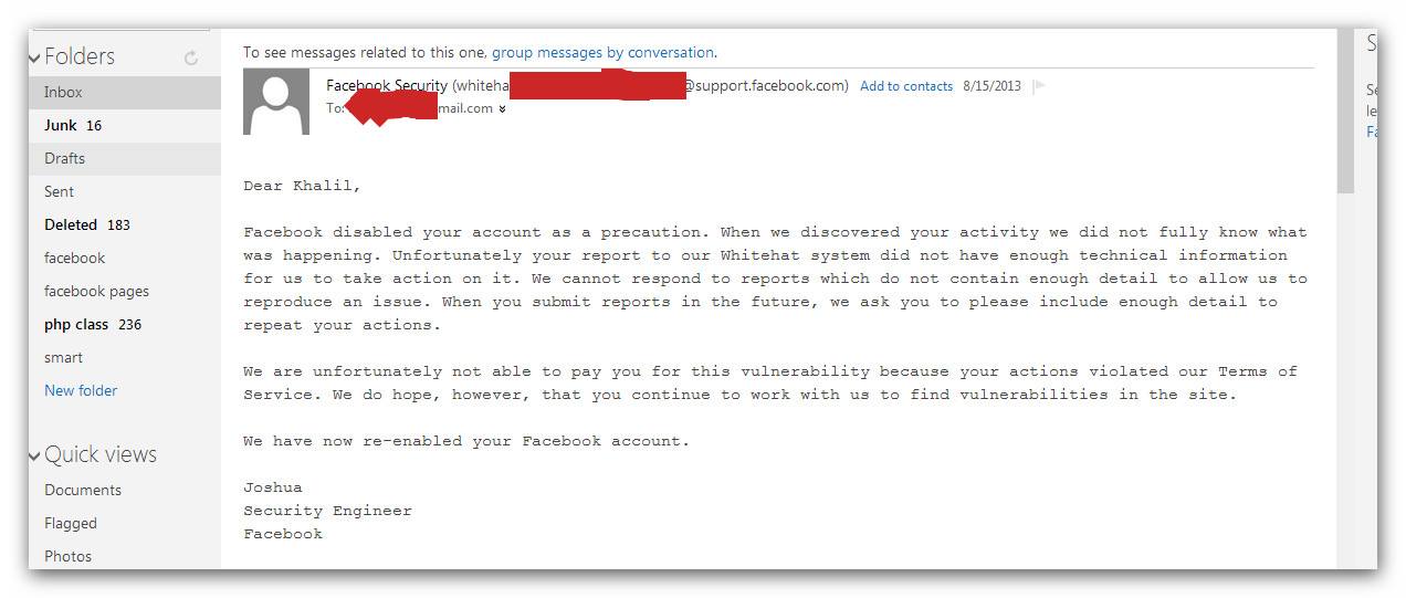Facebook account suspended