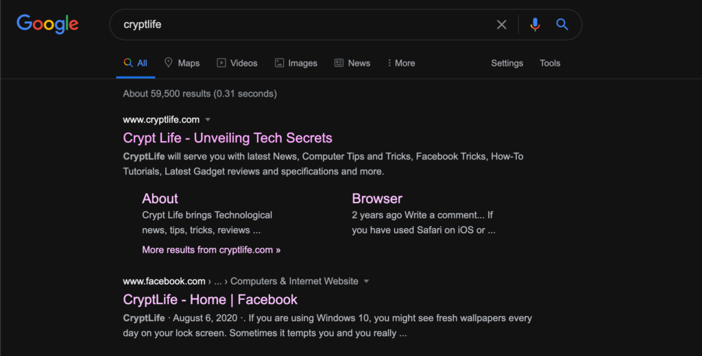 Enable dark mode on Google search results