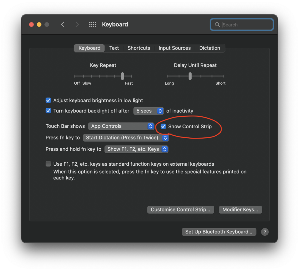 controls trip disappeared from macbook pro touch bar